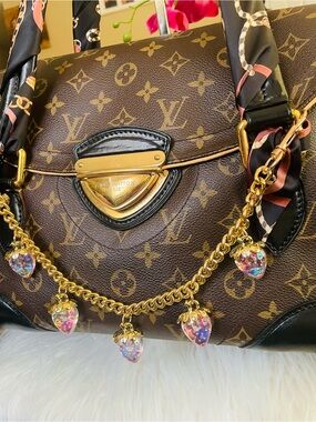 Gold Chain Bag Charm with Iridescent Pink Strawberry Charms